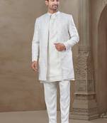 White fancy silk kurta pyjama with jacquard silk modi jacket indo western for mens wear