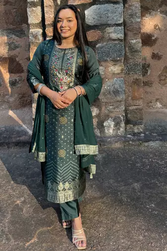 Green embroidered cotton silk jacquard salwar suit