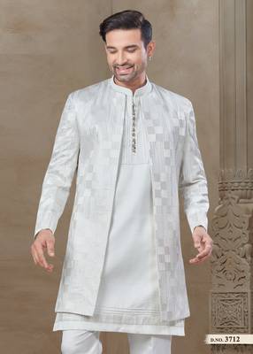 White fancy silk kurta pyjama with jacquard silk modi jacket indo western for mens wear 2