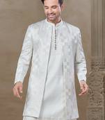 White fancy silk kurta pyjama with jacquard silk modi jacket indo western for mens wear