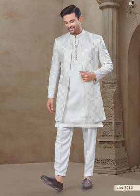 White fancy silk kurta pyjama with jacquard silk modi jacket indo western for mens wear 3
