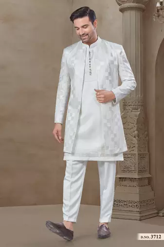 White fancy silk kurta pyjama with jacquard silk modi jacket indo western for mens wear