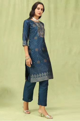 Blue embroidered cotton silk jacquard salwar suit