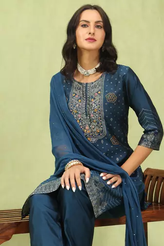 Blue embroidered cotton silk jacquard salwar suit
