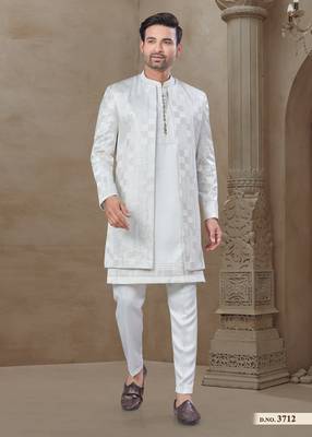 White fancy silk kurta pyjama with jacquard silk modi jacket indo western for mens wear 1