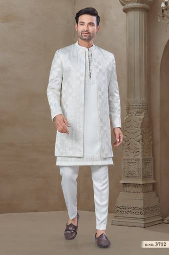 White fancy silk kurta pyjama with jacquard silk modi jacket indo western for mens wear
