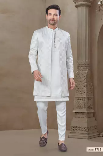 White fancy silk kurta pyjama with jacquard silk modi jacket indo western for mens wear