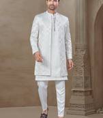 White fancy silk kurta pyjama with jacquard silk modi jacket indo western for mens wear