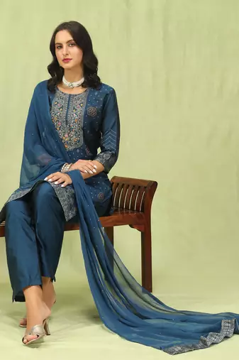 Blue embroidered cotton silk jacquard salwar suit