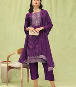 Purple embroidered cotton silk jacquard salwar suit