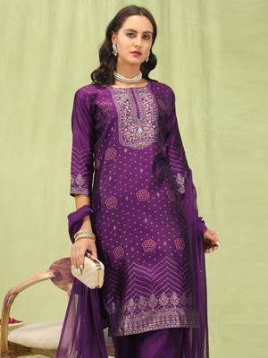 Purple embroidered cotton silk jacquard salwar suit 2