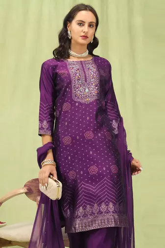 Purple embroidered cotton silk jacquard salwar suit