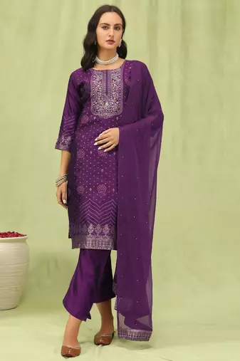 Purple embroidered cotton silk jacquard salwar suit