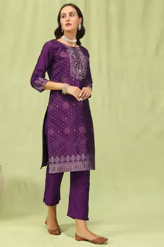 Purple embroidered cotton silk jacquard salwar suit
