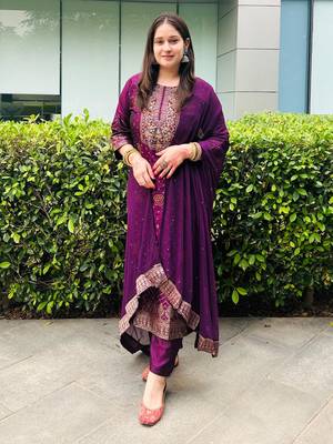 Purple embroidered cotton silk jacquard salwar suit 1