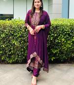 Purple embroidered cotton silk jacquard salwar suit