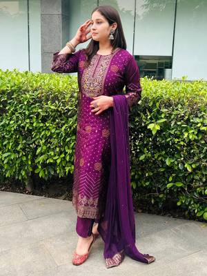 Purple embroidered cotton silk jacquard salwar suit 2