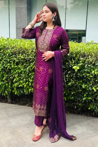 Purple embroidered cotton silk jacquard salwar suit