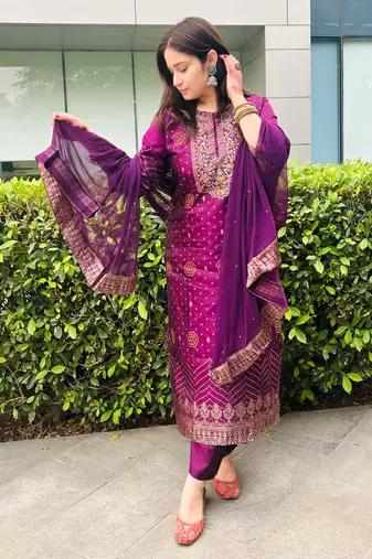 Purple embroidered cotton silk jacquard salwar suit