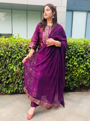 Purple embroidered cotton silk jacquard salwar suit 4