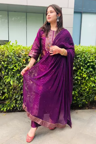 Purple embroidered cotton silk jacquard salwar suit
