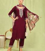 Maroon embroidered viscose roman silk salwar suit