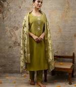 Mehndi embroidered simar silk fabric salwar suit