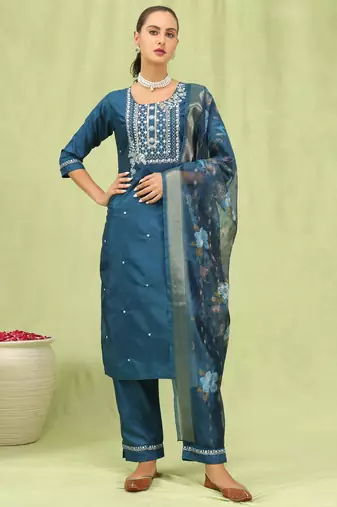 Blue embroidered silk blend salwar suit