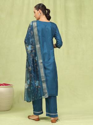 Blue embroidered silk blend salwar suit 4