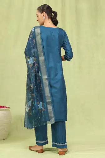 Blue embroidered silk blend salwar suit