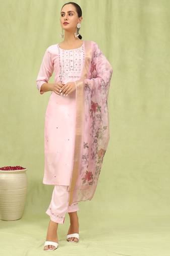 Pink embroidered silk blend salwar suit