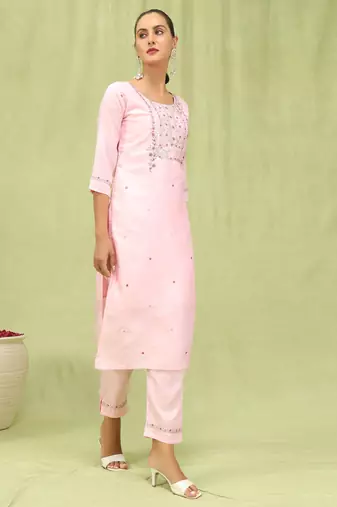 Pink embroidered silk blend salwar suit