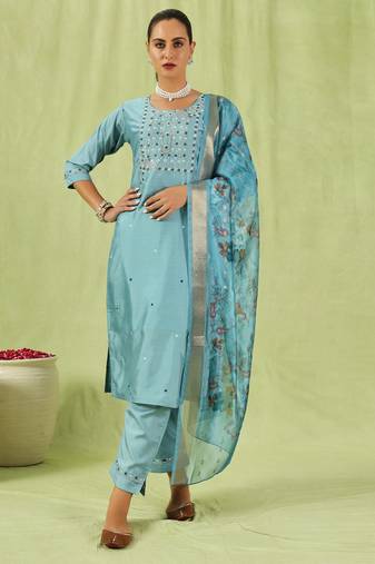 Sky embroidered silk blend salwar suit