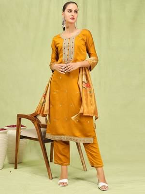 Mustard embroidered viscose roman silk salwar suit 1