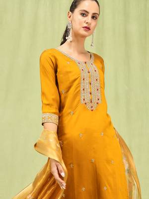 Mustard embroidered viscose roman silk salwar suit 2
