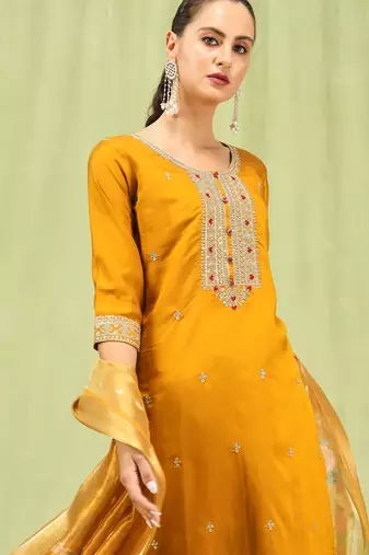 Mustard embroidered viscose roman silk salwar suit