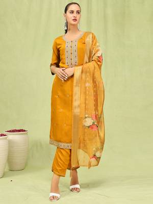 Mustard embroidered viscose roman silk salwar suit 3