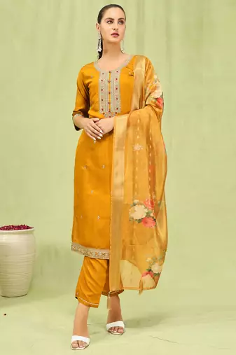 Mustard embroidered viscose roman silk salwar suit