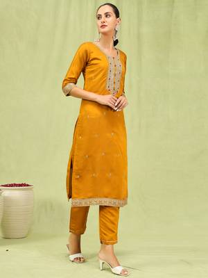 Mustard embroidered viscose roman silk salwar suit 4