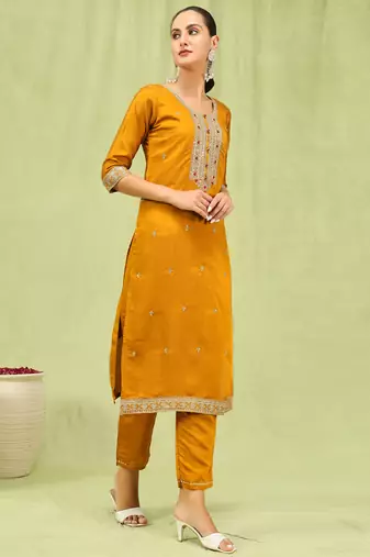 Mustard embroidered viscose roman silk salwar suit
