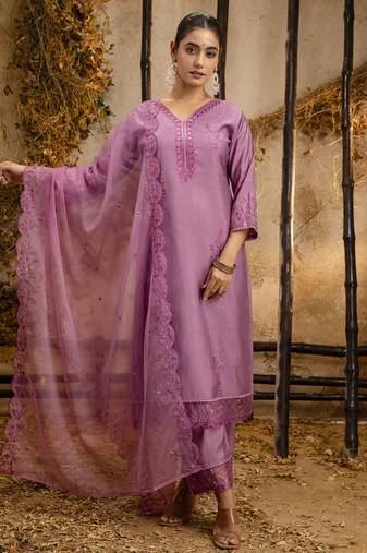 Lavender embroidered viscose roman silk salwar suit