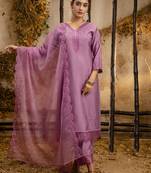 Lavender embroidered viscose roman silk salwar suit