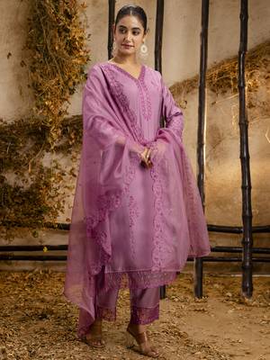 Lavender embroidered viscose roman silk salwar suit 2