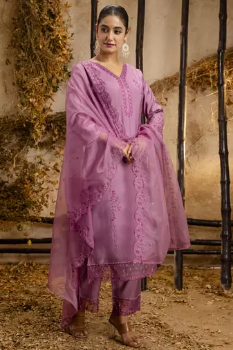 Lavender embroidered viscose roman silk salwar suit