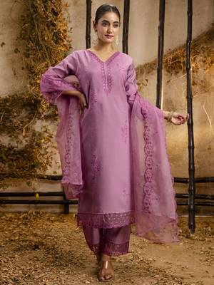 Lavender embroidered viscose roman silk salwar suit 3