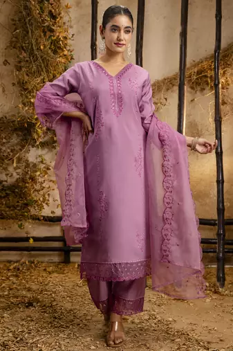 Lavender embroidered viscose roman silk salwar suit
