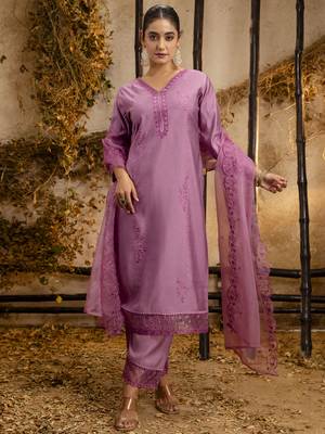 Lavender embroidered viscose roman silk salwar suit 4