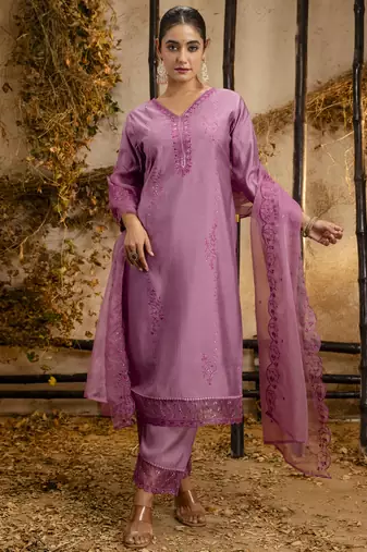Lavender embroidered viscose roman silk salwar suit