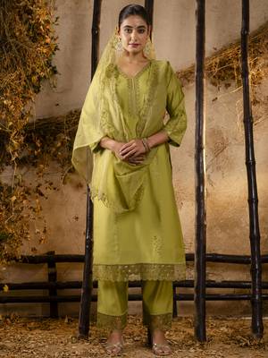 Mehendi embroidered viscose roman silk salwar suit 1