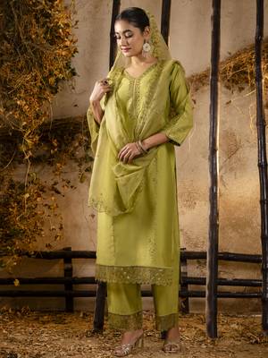 Mehendi embroidered viscose roman silk salwar suit 2